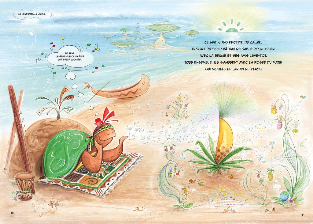 Extrait du livre pour enfant édité par StarPeace, Mission H₂O – L’explosion vol. 1. Ayo sur son jardin de plage. 